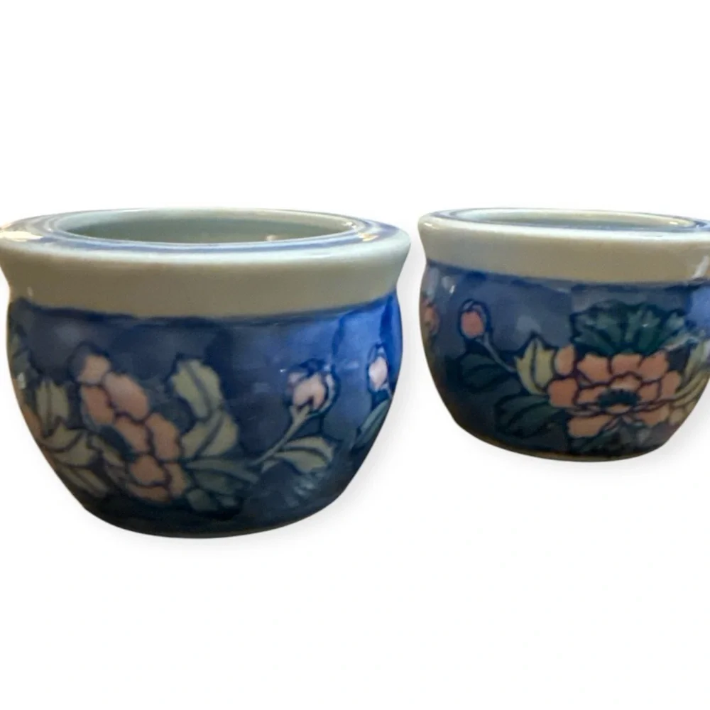 Vintage Antique Handcrafted Blue & Pink‎ Glazed Porcelain Tea Cup Set